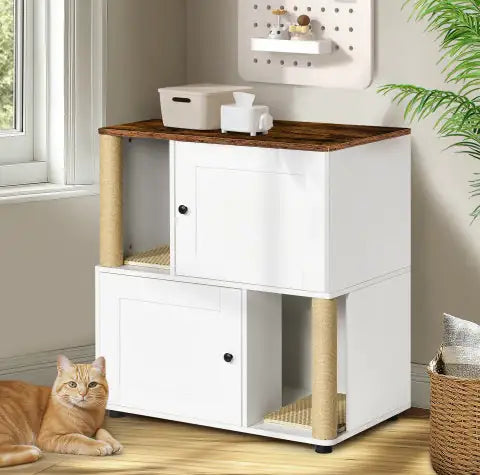 Cat Litter Box Enclosure For 2 Cats, Cat Litter Cabinet, Double Litter Box Enclosure With Shelve White Vintage