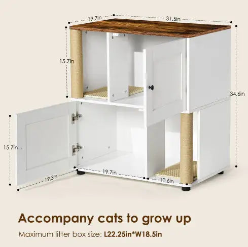 Cat Litter Box Enclosure For 2 Cats, Cat Litter Cabinet, Double Litter Box Enclosure With Shelve White Vintage