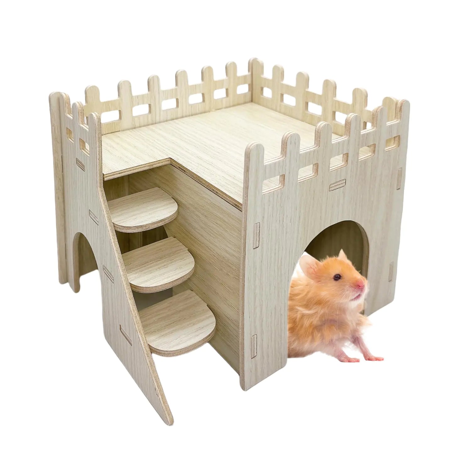 Wooden hamster maze with multiple levels, steps, and hideouts – a natural enrichment toy designed to stimulate play and exploration for small pets like hamsters