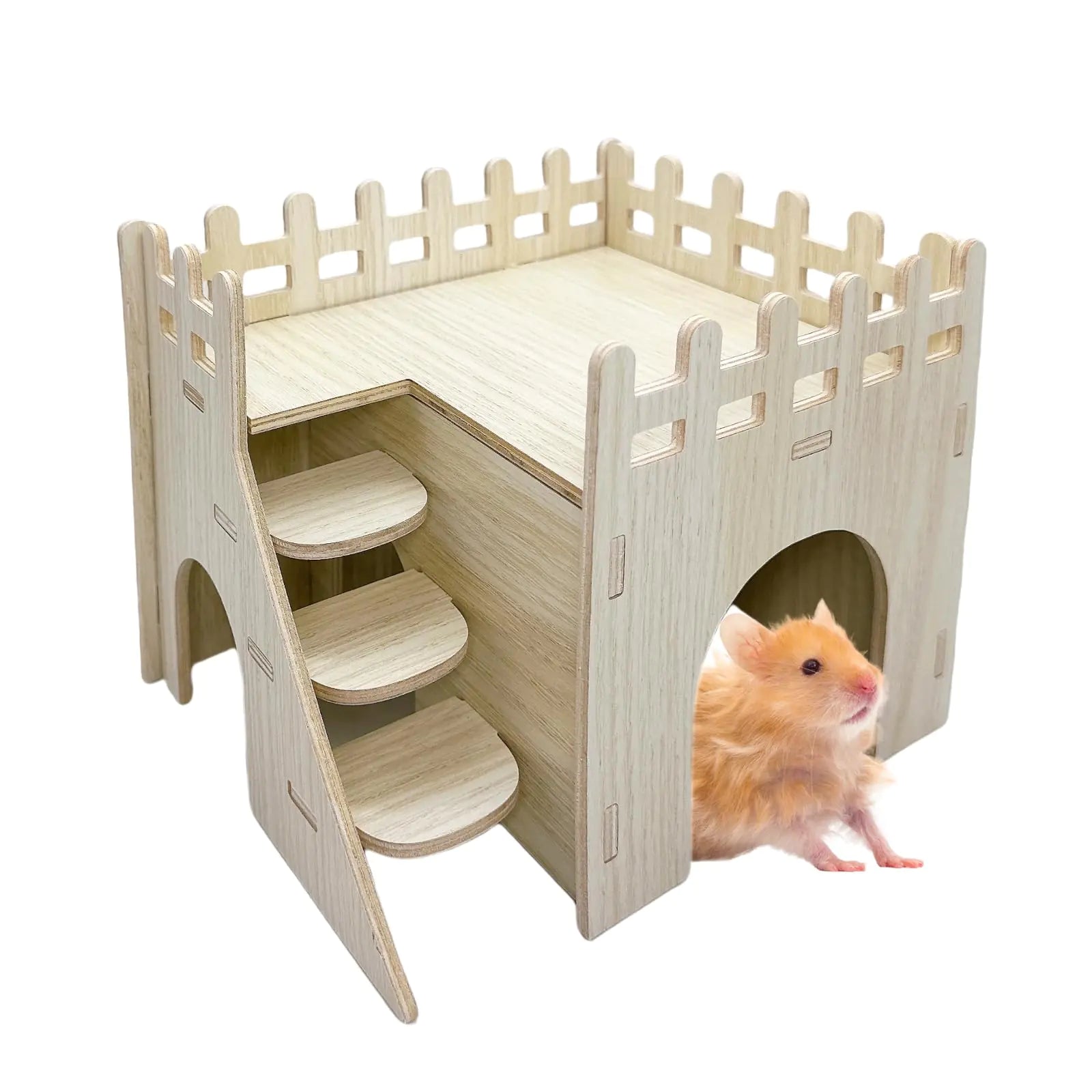 Wooden hamster maze with multiple levels, steps, and hideouts – a natural enrichment toy designed to stimulate play and exploration for small pets like hamsters