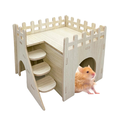 Wooden hamster maze with multiple levels, steps, and hideouts – a natural enrichment toy designed to stimulate play and exploration for small pets like hamsters