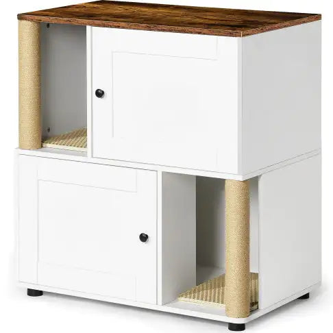 Cat Litter Box Enclosure For 2 Cats, Cat Litter Cabinet, Double Litter Box Enclosure With Shelve White Vintage
