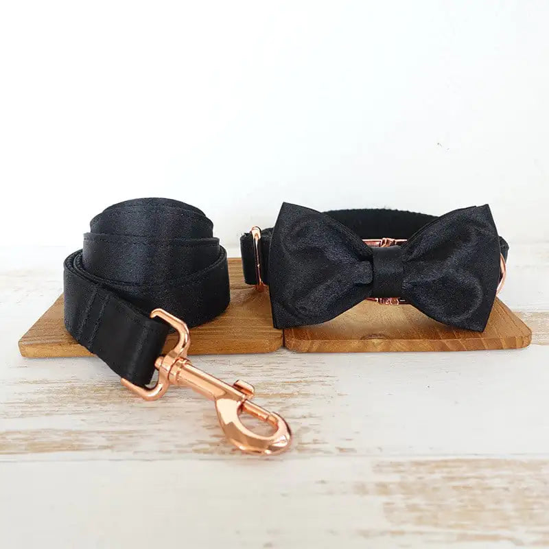 Elegant black bow tie collar for pets with a sleek metal buckle, combining style and practicality for special occasions or daily walks