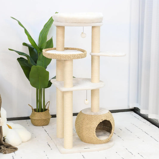 Cat Tree 53" Tall Cat Tree for Indoor Cats w/Natural Sisal Scratching Posts Hand-Woven Condo & Top Perch Cat Tree for Kittens Climb Play & Rest