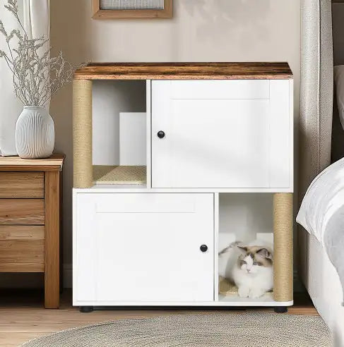 Cat Litter Box Enclosure For 2 Cats, Cat Litter Cabinet, Double Litter Box Enclosure With Shelve White Vintage