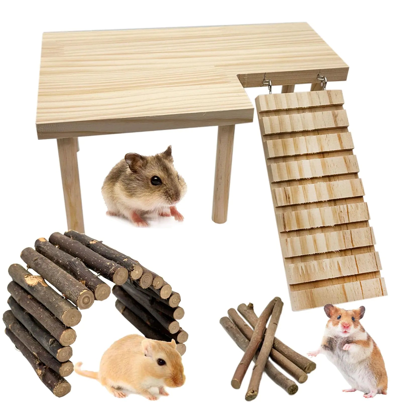 Wooden climbing platform set for hamsters, featuring a ramp, bridges, and tunnels – natural wooden playground designed for small pets like hamsters to climb, explore, and play.
