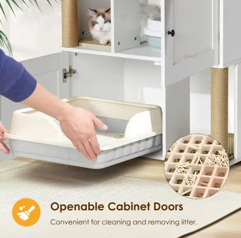 Cat Litter Box Enclosure For 2 Cats, Cat Litter Cabinet, Double Litter Box Enclosure With Shelve White Vintage