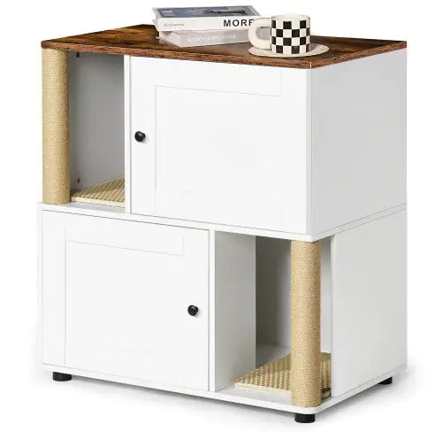 Cat Litter Box Enclosure For 2 Cats, Cat Litter Cabinet, Double Litter Box Enclosure With Shelve White Vintage
