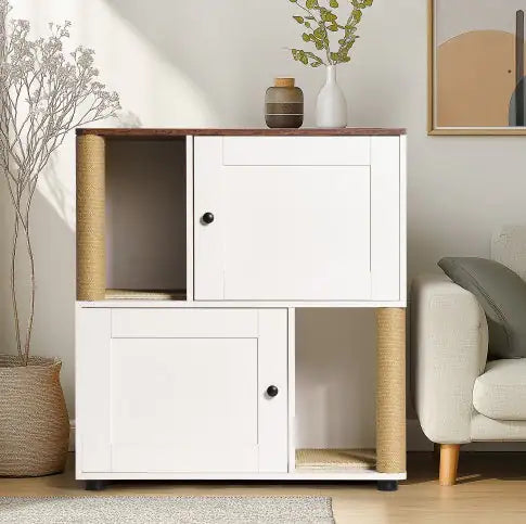 Cat Litter Box Enclosure For 2 Cats, Cat Litter Cabinet, Double Litter Box Enclosure With Shelve White Vintage