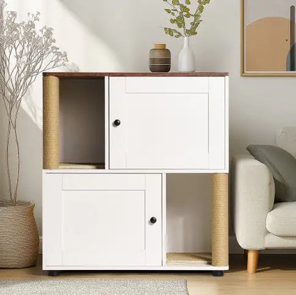 Cat Litter Box Enclosure For 2 Cats, Cat Litter Cabinet, Double Litter Box Enclosure With Shelve White Vintage