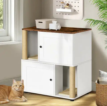Cat Litter Box Enclosure For 2 Cats, Cat Litter Cabinet, Double Litter Box Enclosure With Shelve White Vintage